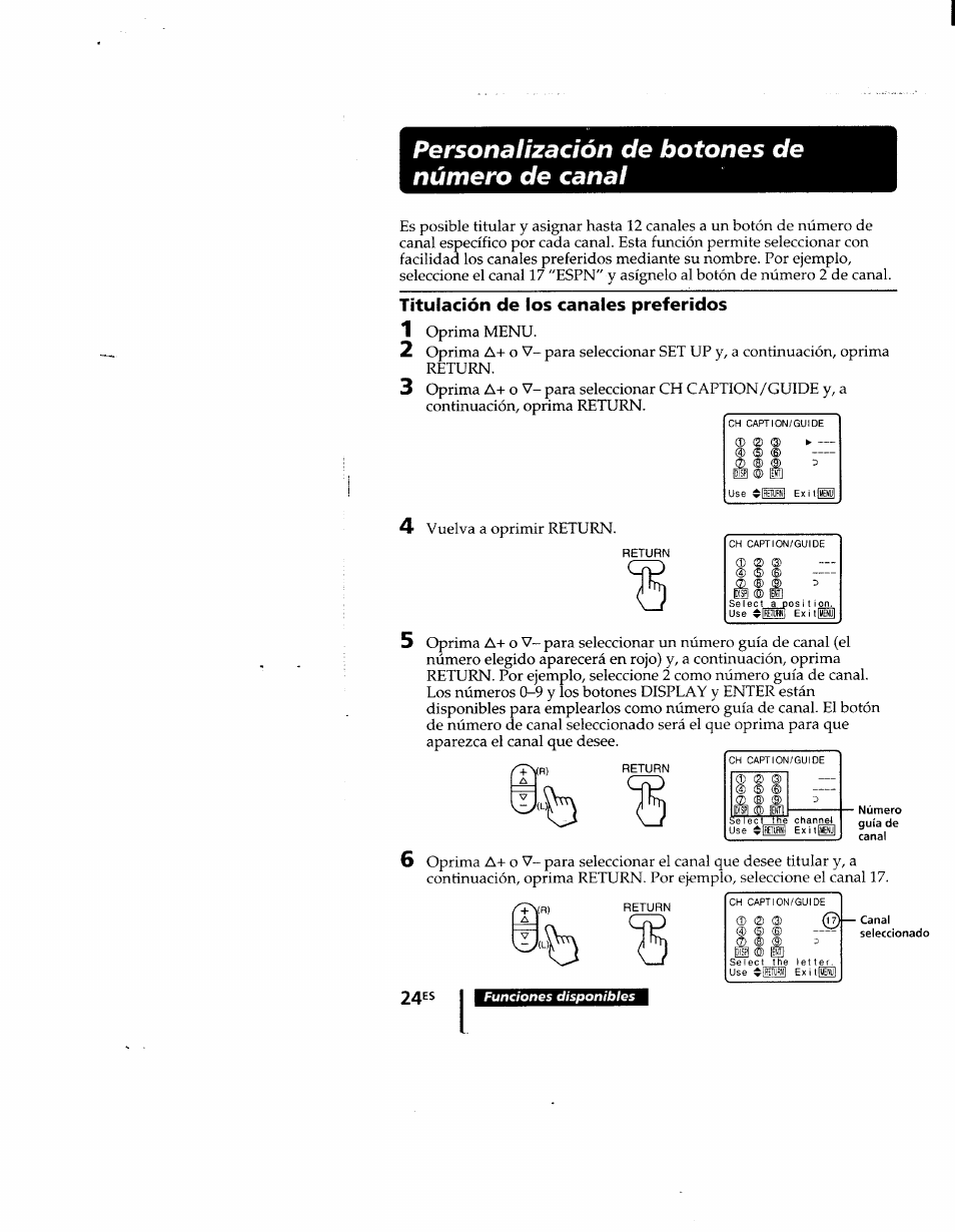 Personalización de botones de número de canal, Titulación de ios canales preferidos | Sony KV-9PT60 User Manual | Page 52 / 56