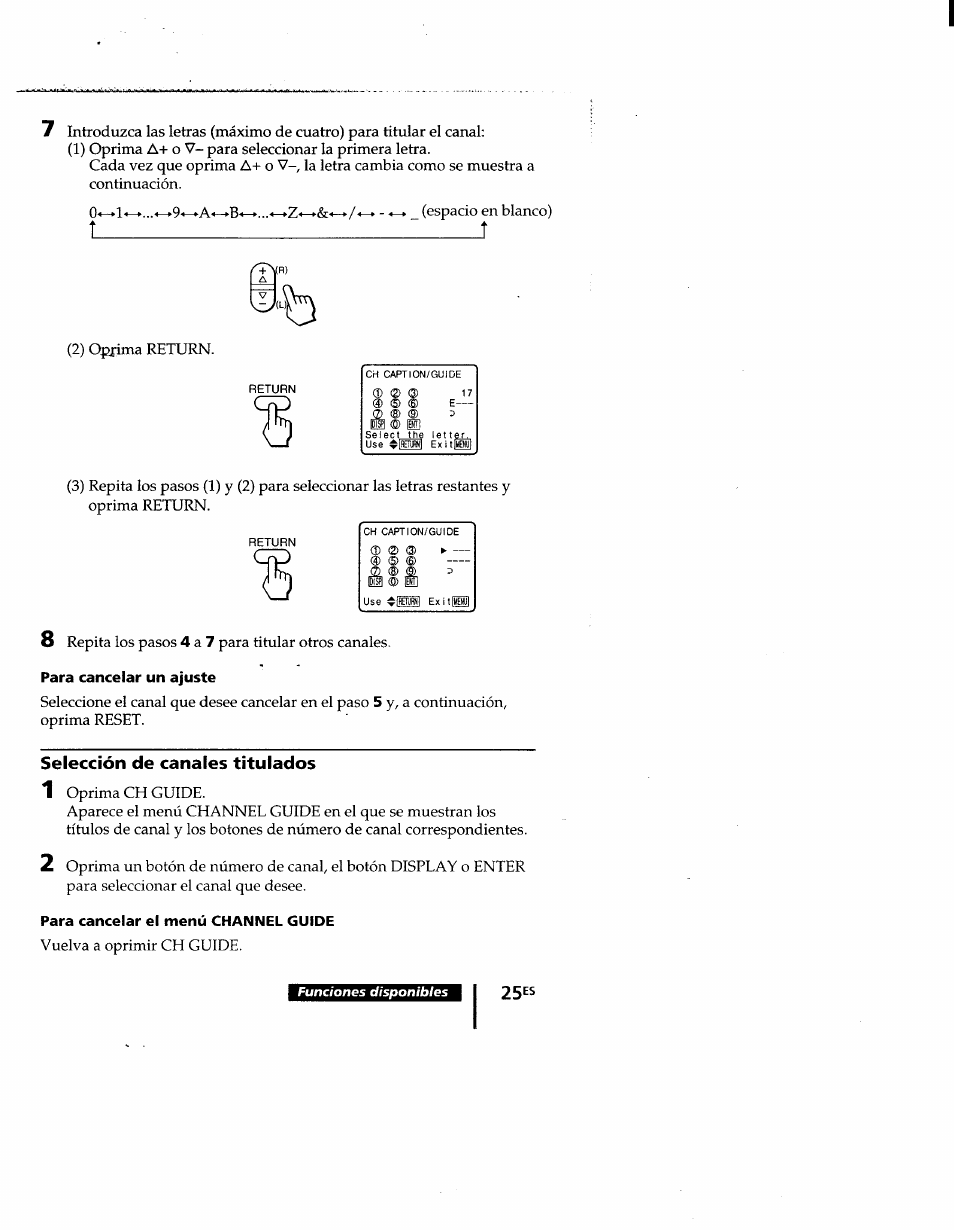 Para cancelar un ajuste, Selección de canales titulados, Para cancelar el menú channel guide | Sony KV-9PT60 User Manual | Page 53 / 56