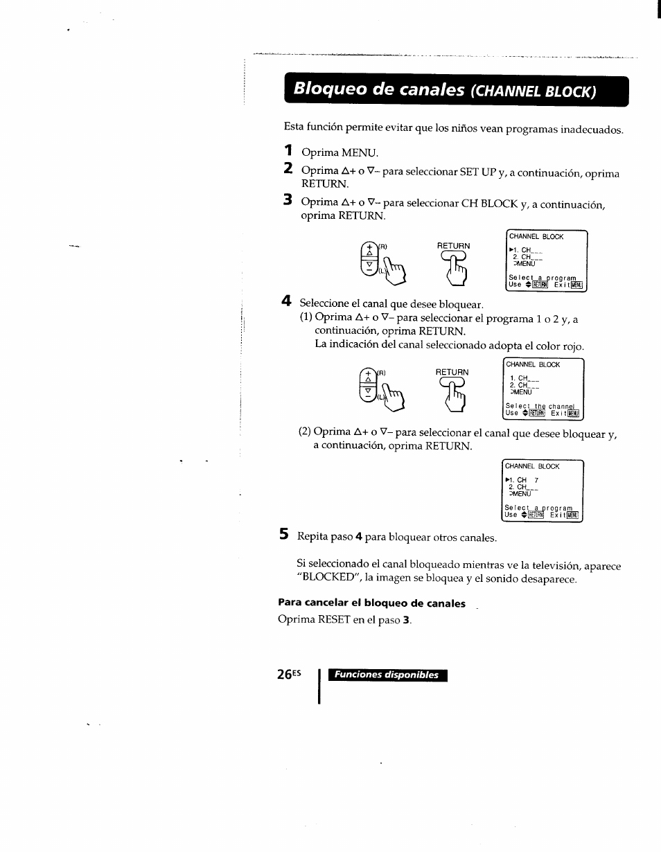 Para cancelar el bloqueo de canales, Bloqueo de canales, Channel | Block | Sony KV-9PT60 User Manual | Page 54 / 56