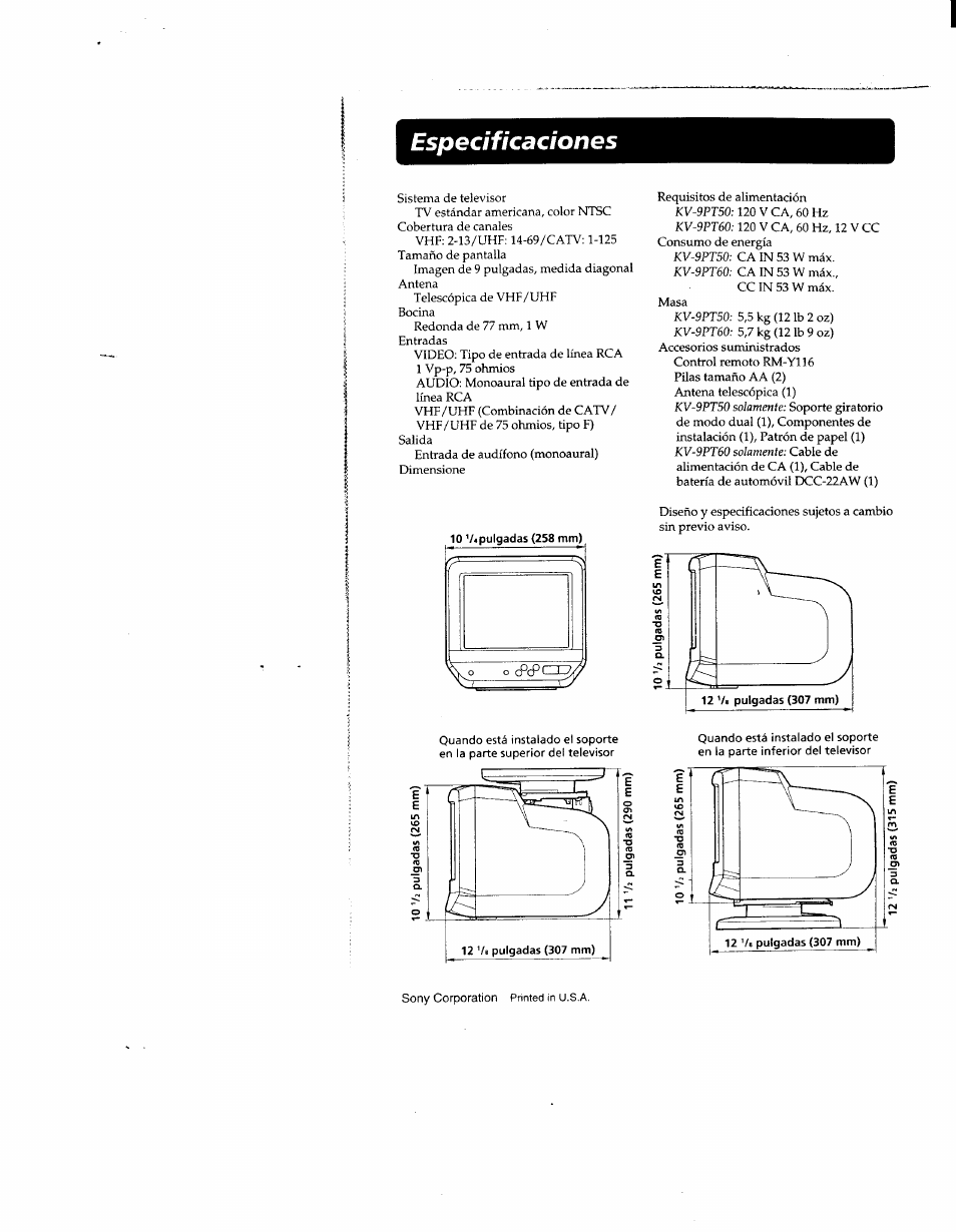 Especificaciones | Sony KV-9PT60 User Manual | Page 56 / 56
