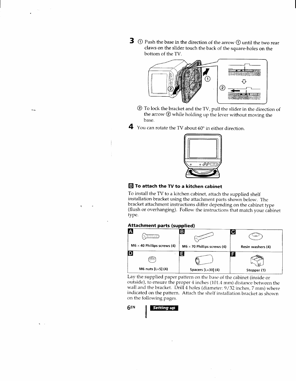 M to attach the tv to a kitchen cabinet | Sony KV-9PT60 User Manual | Page 6 / 56