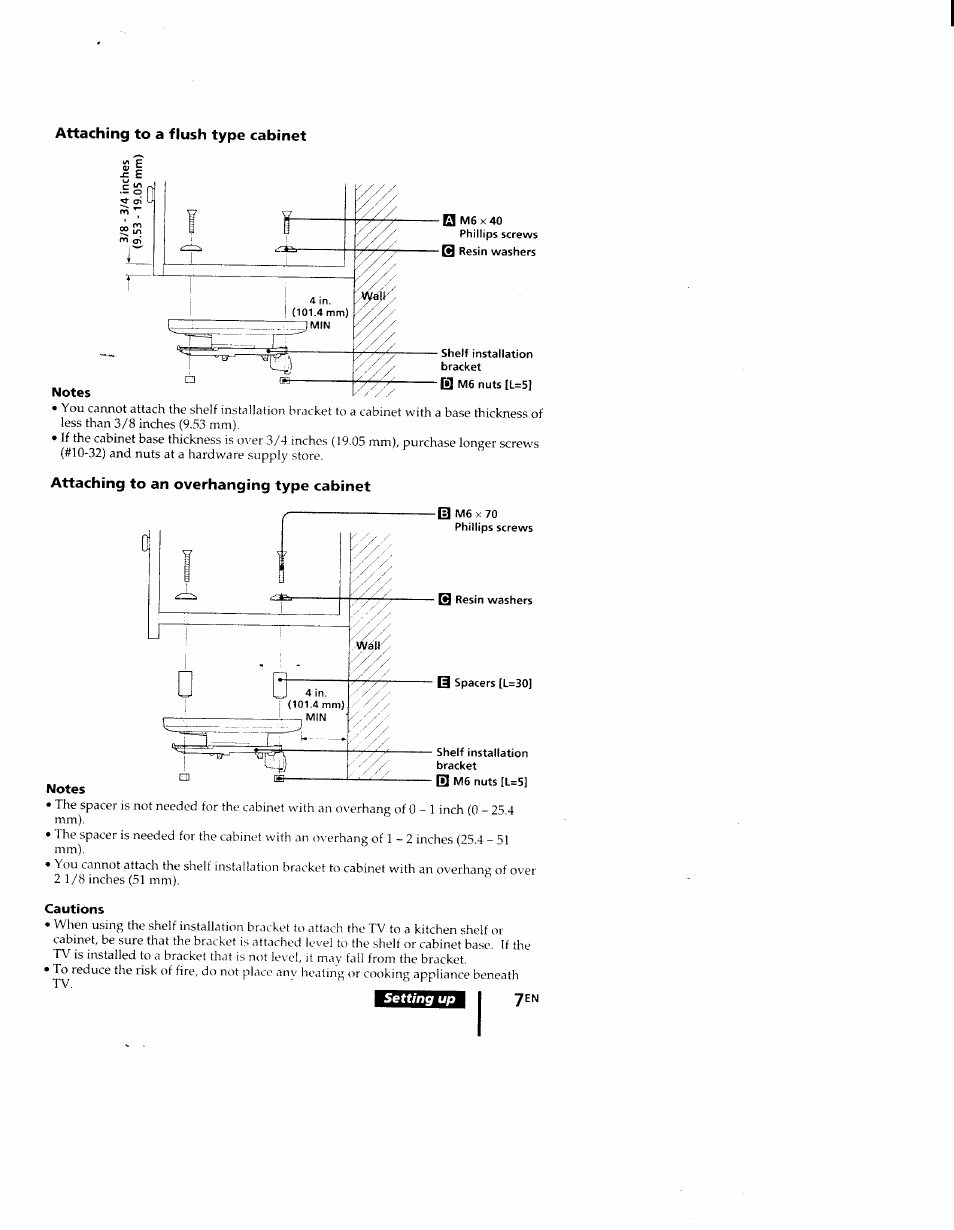 Attaching to a flush type cabinet, Notes, Attaching to an overhanging type cabinet | Cautions, J s n | Sony KV-9PT60 User Manual | Page 7 / 56