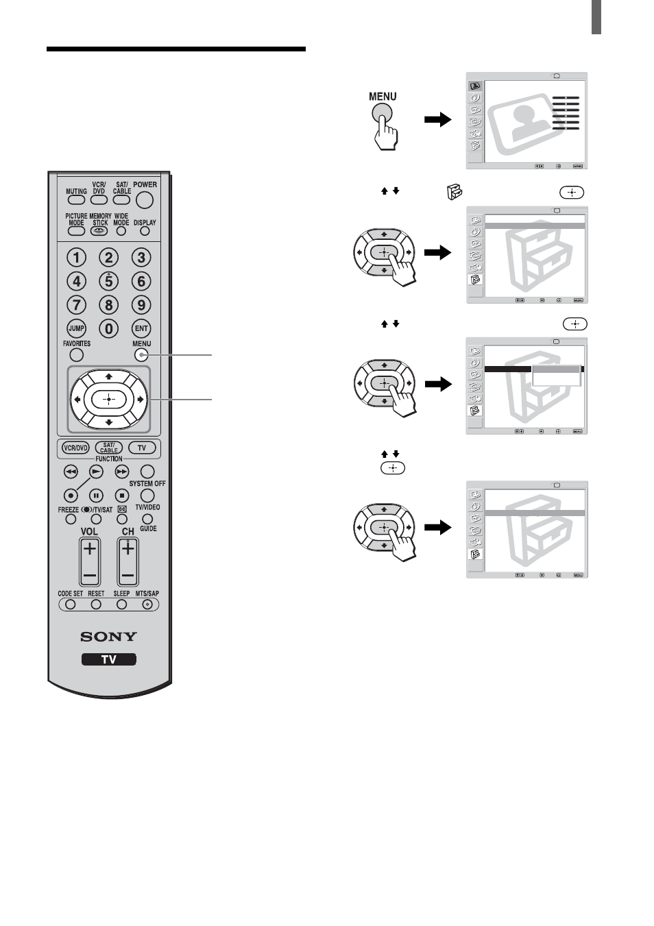 Selecting the on-screen menu language, 2 - 4 1, 5 selecting the on-screen menu language, Press menu | Press v/v to select (setup), then press, Press v/v to select “language,” then press, Press menu to exit the menu screen | Sony KLV-23HR2 User Manual | Page 23 / 84