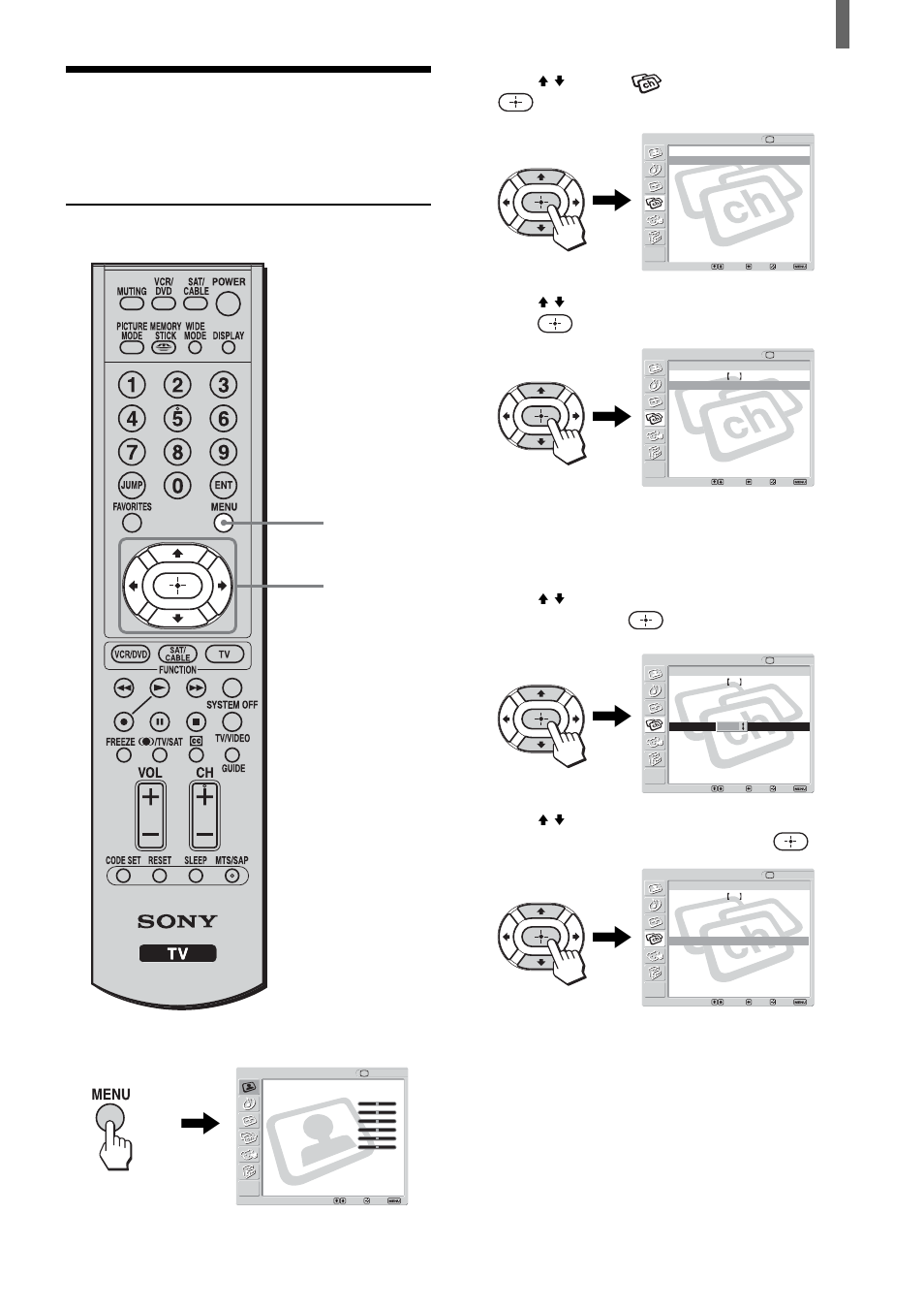 Using favorite channels, Setting your favorite channels, Press menu | Press v/v to select (channel), then press, Press menu to exit the menu screen | Sony KLV-23HR2 User Manual | Page 37 / 84