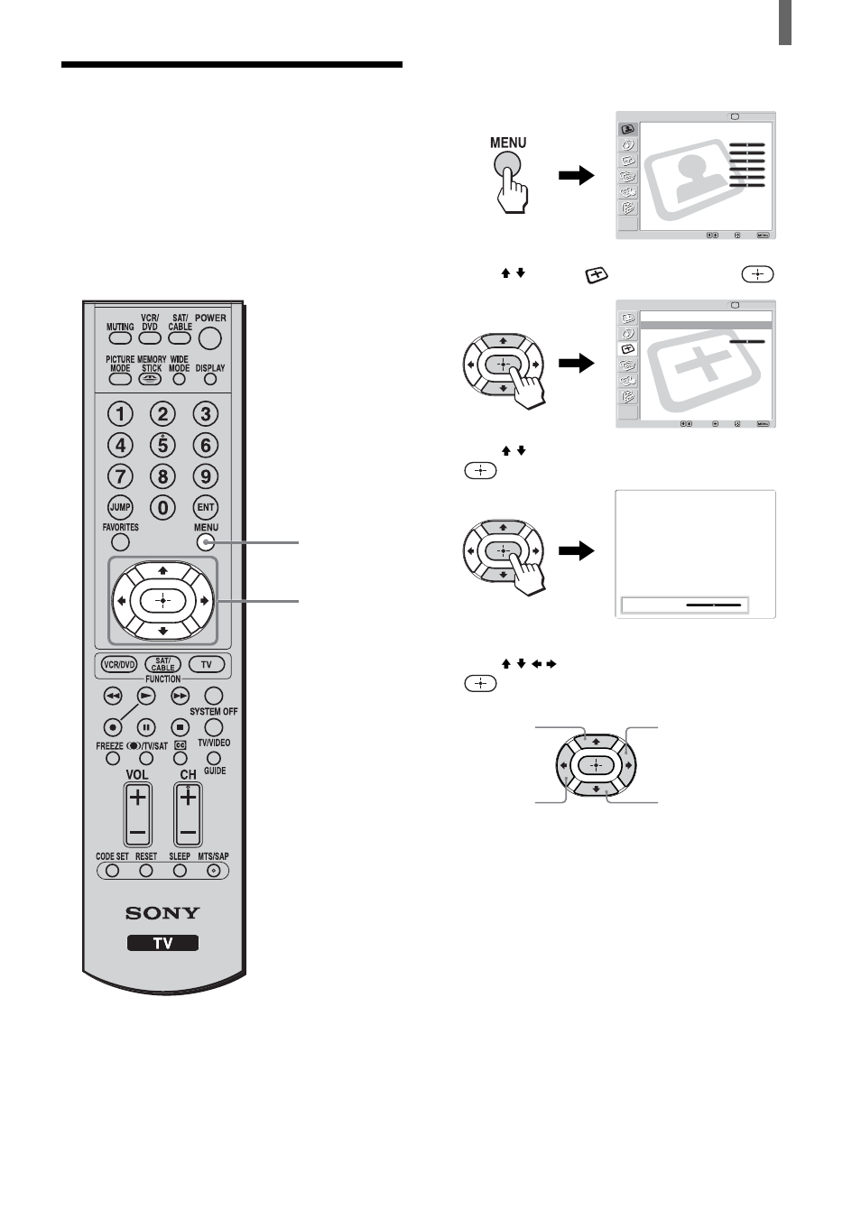 Adjusting the picture position, Press v/v to select (screen), then press, Press v/v to select “vertical center,” then press | Press v/v/b/b to adjust the position, then press, Press menu to exit the menu screen | Sony KLV-23HR2 User Manual | Page 41 / 84