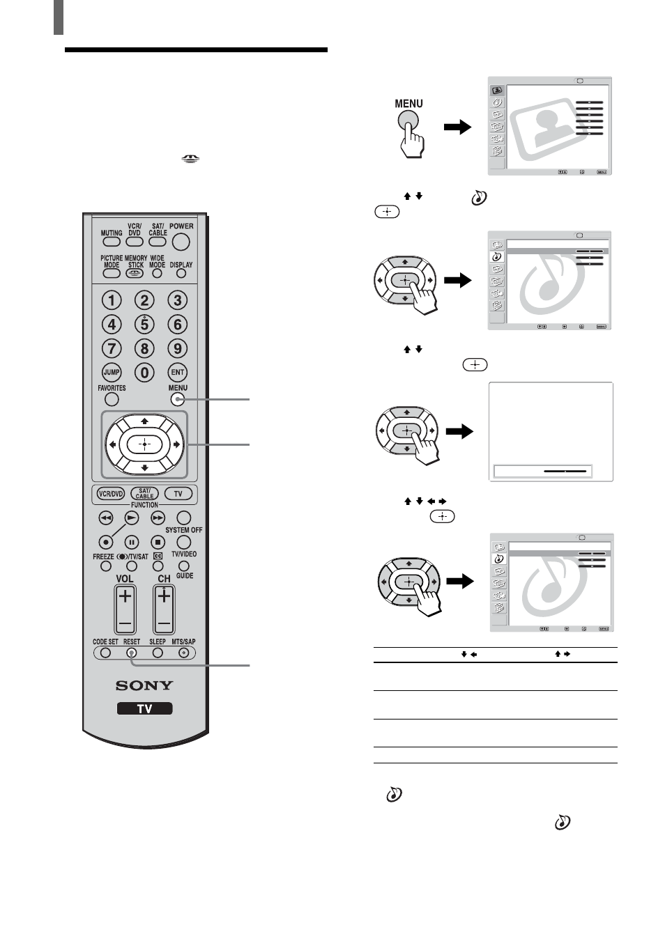 Adjusting the sound quality, Press menu, Press v/v to select (audio), then press | Sony KLV-23HR2 User Manual | Page 44 / 84