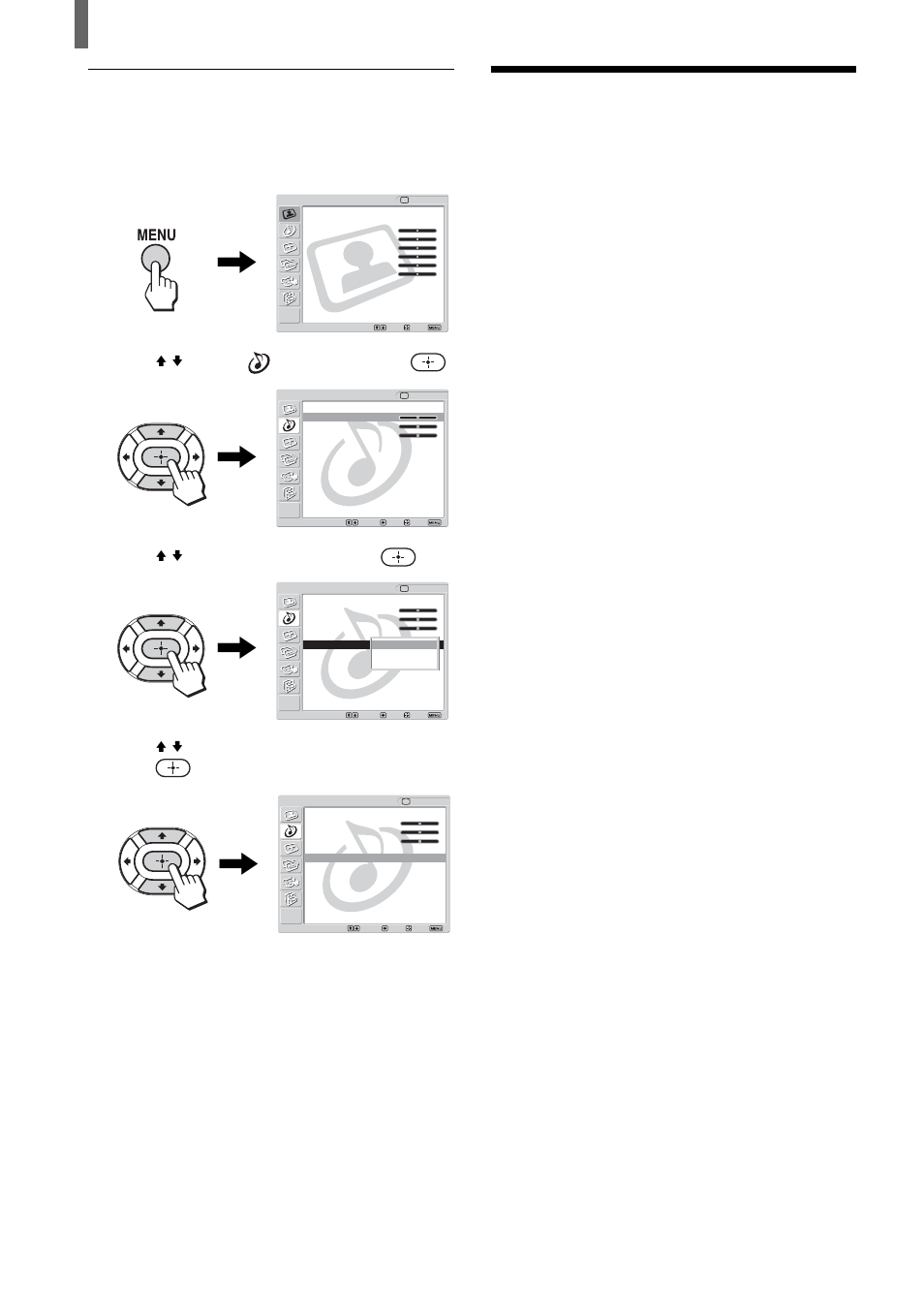 Using the parental control feature, Press menu, Press v/v to select (audio), then press | Press v/v to select “mts,” then press, Press menu to exit the menu screen | Sony KLV-23HR2 User Manual | Page 46 / 84