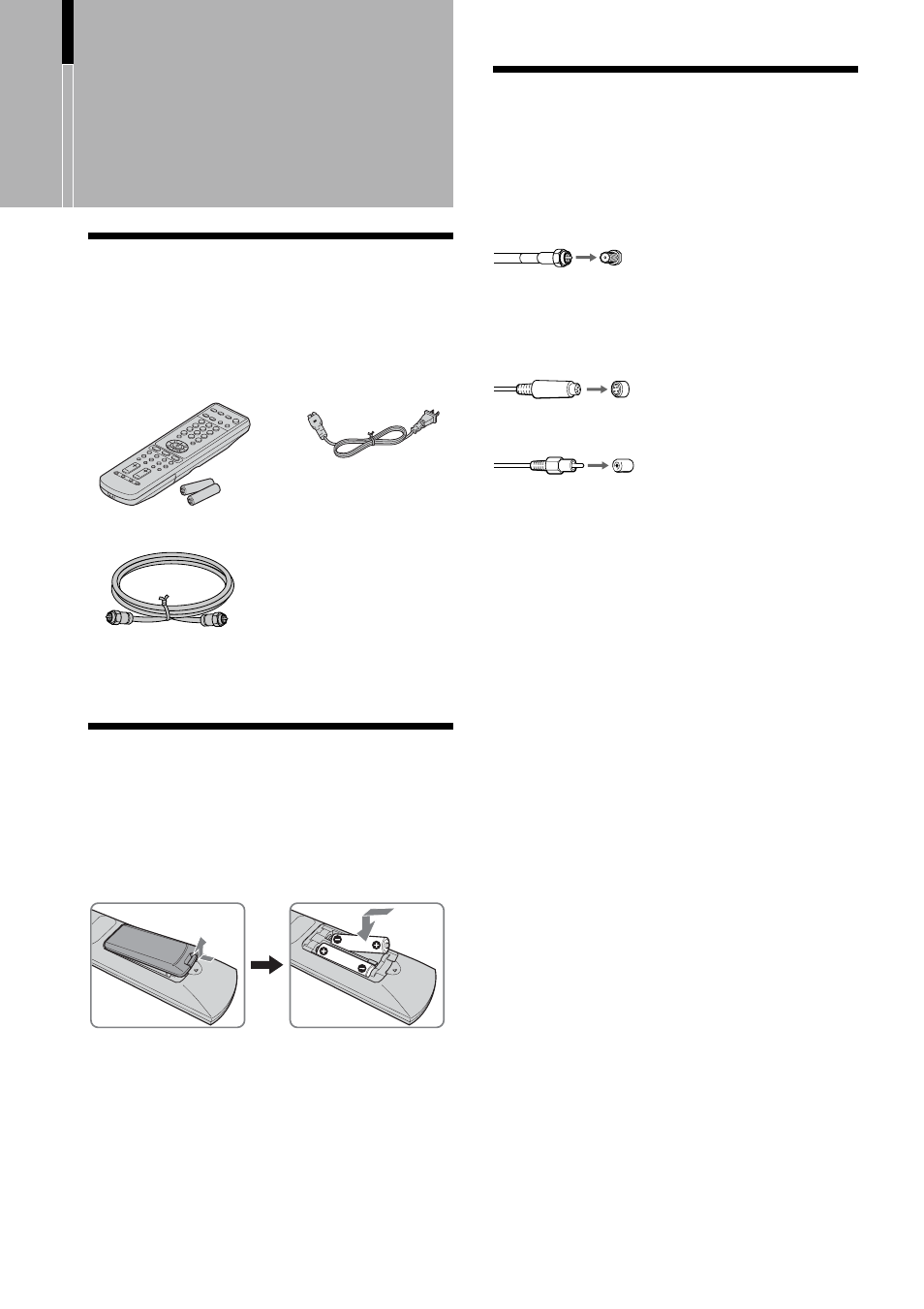 Installing and connecting the tv, Unpacking, Inserting batteries into the remote control | Connector types | Sony KLV-23HR2 User Manual | Page 6 / 84