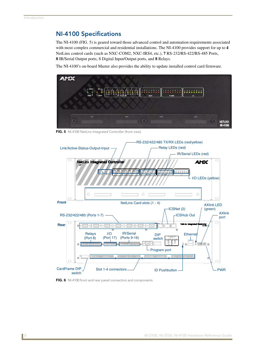 Ni-4100 specifications, Fig. 5, Fig. 6 | Ni-4100 netlinx integrated controller (front view) | AMX NetLinx Integrated Controller NI-3100 User Manual | Page 12 / 36