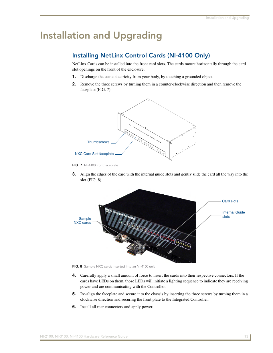 Installation and upgrading, Installing netlinx control cards (ni-4100 only) | AMX NetLinx Integrated Controller NI-3100 User Manual | Page 17 / 36