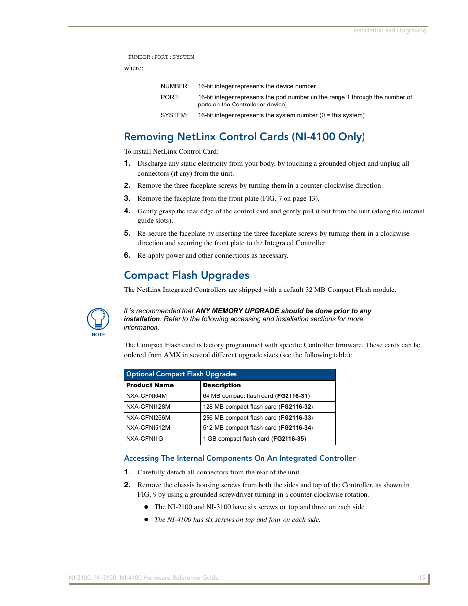 Removing netlinx control cards (ni-4100 only), Compact flash upgrades | AMX NetLinx Integrated Controller NI-3100 User Manual | Page 19 / 36