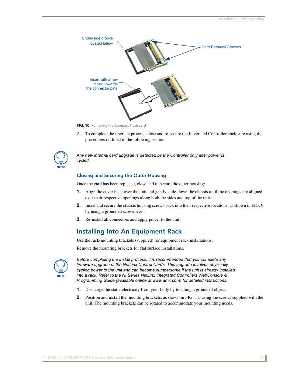 Closing and securing the outer housing, Installing into an equipment rack | AMX NetLinx Integrated Controller NI-3100 User Manual | Page 21 / 36