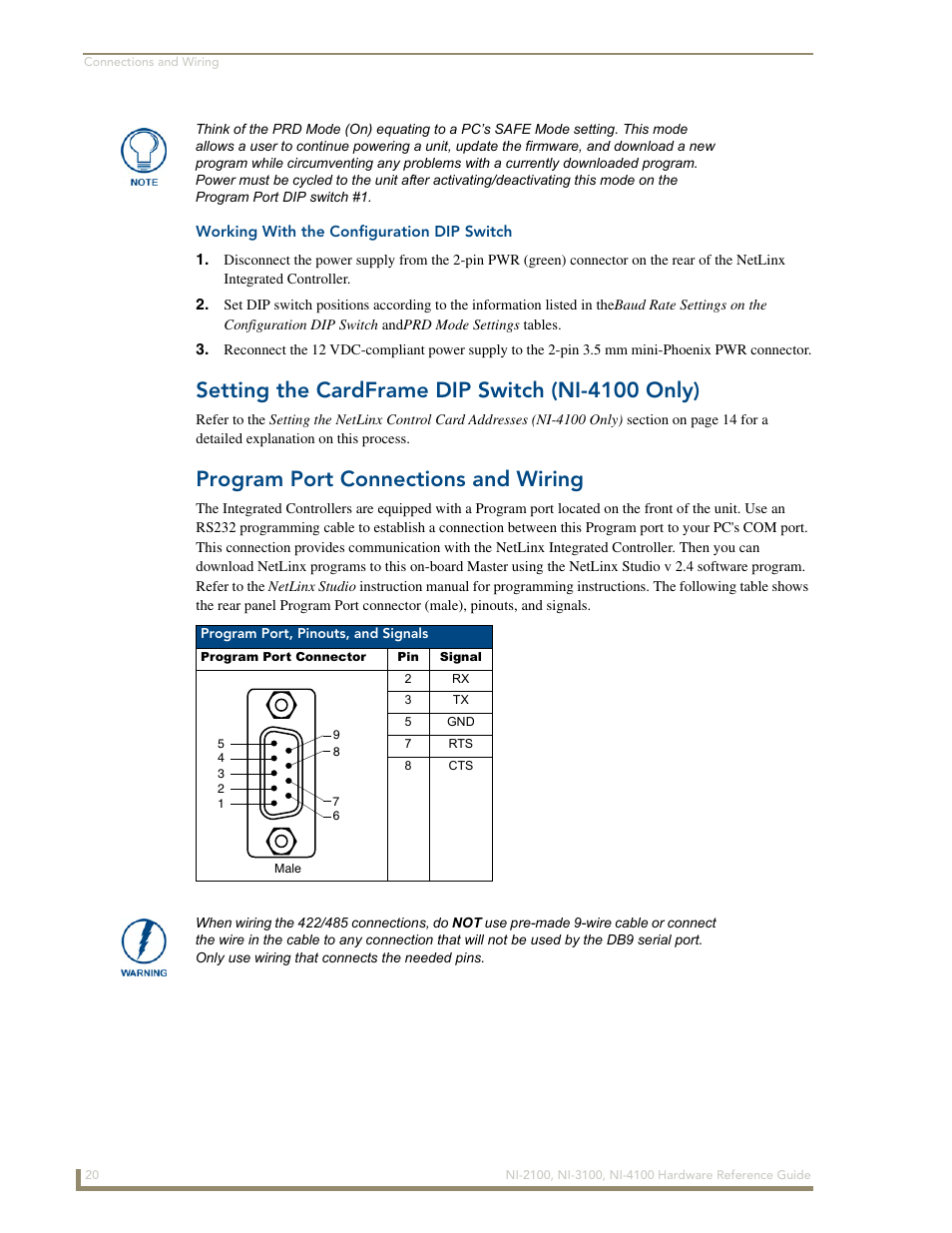 Working with the configuration dip switch, Setting the cardframe dip switch (ni-4100 only), Program port connections and wiring | AMX NetLinx Integrated Controller NI-3100 User Manual | Page 24 / 36