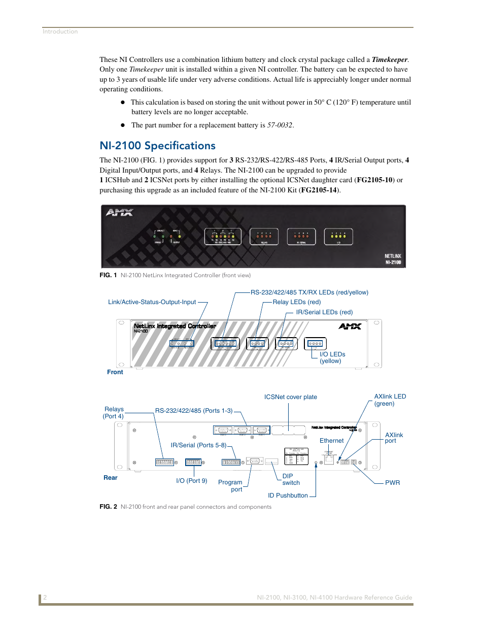 Ni-2100 specifications, Fig. 1, Fig. 2 | Ni-2100 netlinx integrated controller (front view) | AMX NetLinx Integrated Controller NI-3100 User Manual | Page 6 / 36