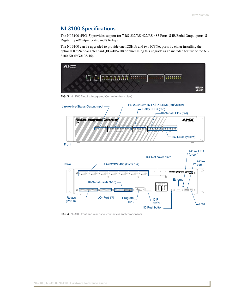 Ni-3100 specifications, Fig. 3, Fig. 4 | Ni-3100 netlinx integrated controller (front view) | AMX NetLinx Integrated Controller NI-3100 User Manual | Page 9 / 36