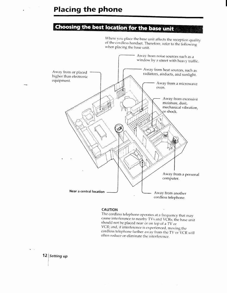 Caution, Placing the phone, Choosing the best location for the base unit | Sony SPP-AQ25 User Manual | Page 12 / 88