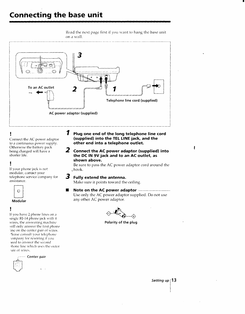 3 fully extend the antenna, Note on the ac power adaptor, Connecting the base unît | Sony SPP-AQ25 User Manual | Page 13 / 88