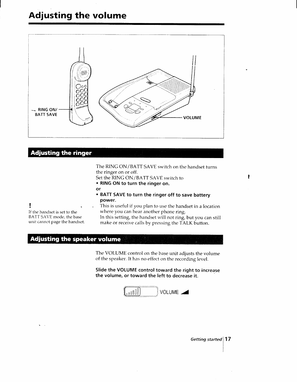 Adjusting the ringer, Adjusting the speaker volume, Adjusting the volume | Sony SPP-AQ25 User Manual | Page 17 / 88