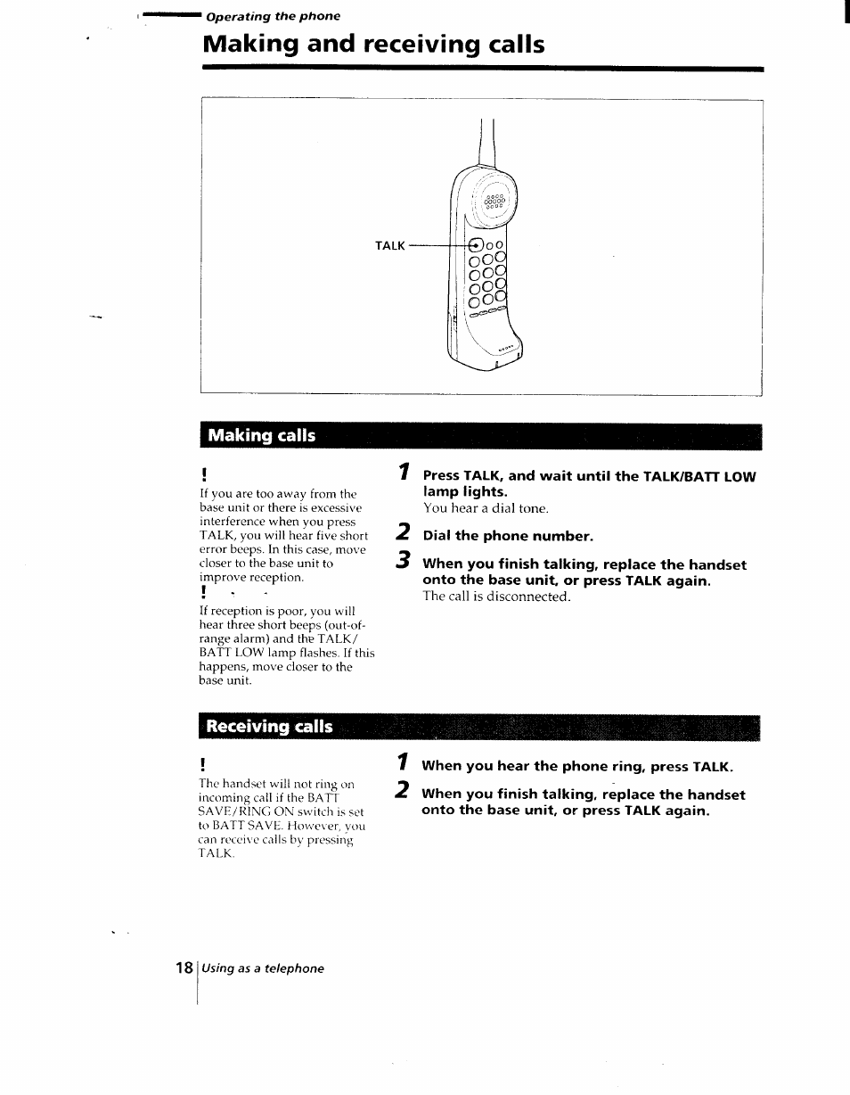 Making and receiving calls, Making calls, 2 dial the phone number | Receiving calls, 1 when you hear the phone ring, press talk | Sony SPP-AQ25 User Manual | Page 18 / 88