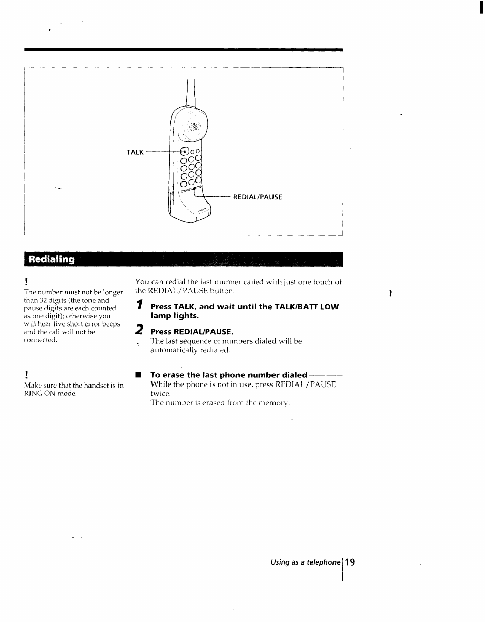 Redialing, 2 press redial/pause, To erase the last phone number dialed | Sony SPP-AQ25 User Manual | Page 19 / 88