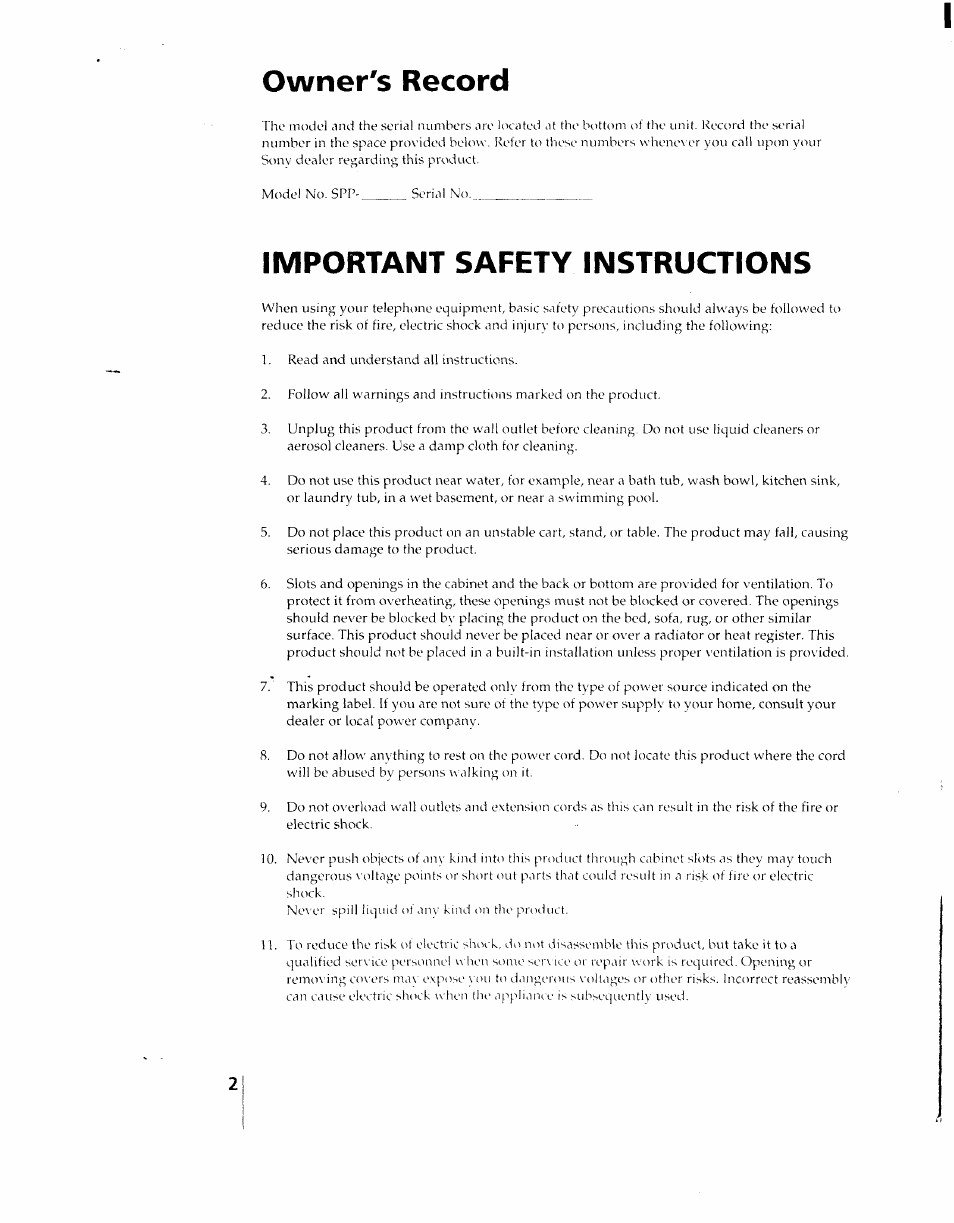 Owner's record, Important safety instructions | Sony SPP-AQ25 User Manual | Page 2 / 88