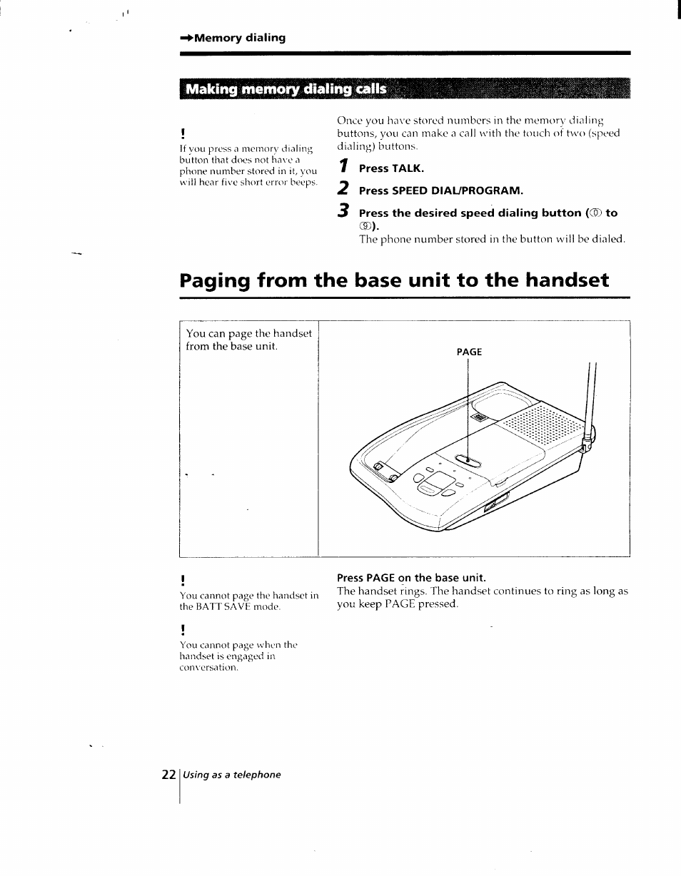 Memory dialing, Making memory dialing calls, 1 press talk | 2 press speed dial/program, Paging from the base unit to the handset | Sony SPP-AQ25 User Manual | Page 22 / 88