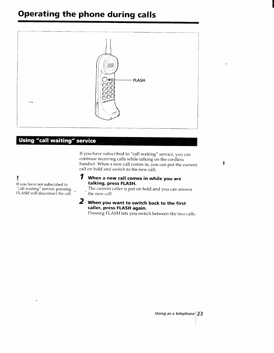 Operating the phone during calls, Using "call waiting" service | Sony SPP-AQ25 User Manual | Page 23 / 88