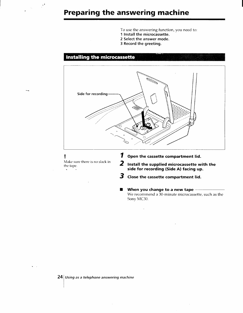 Preparing the answering machine, Installing the microcassette | Sony SPP-AQ25 User Manual | Page 24 / 88