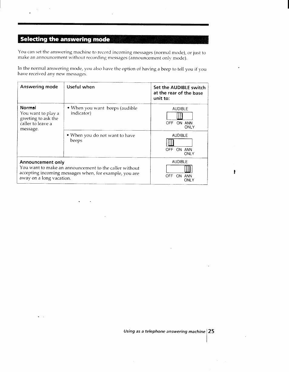 Selecting the answering mode | Sony SPP-AQ25 User Manual | Page 25 / 88