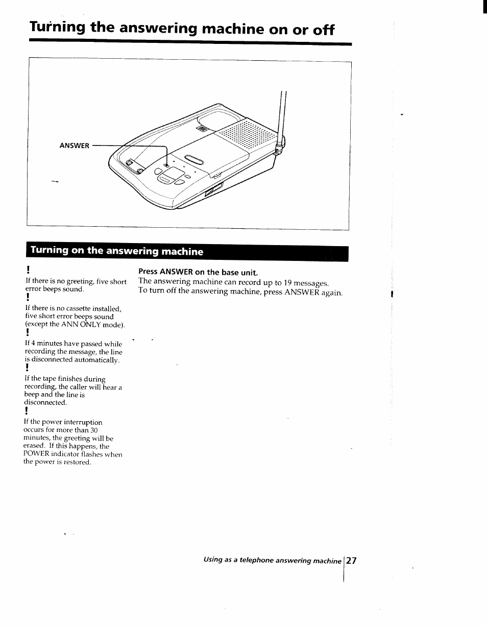 Turning the answering machine on or off, Turning on the answering machine | Sony SPP-AQ25 User Manual | Page 27 / 88