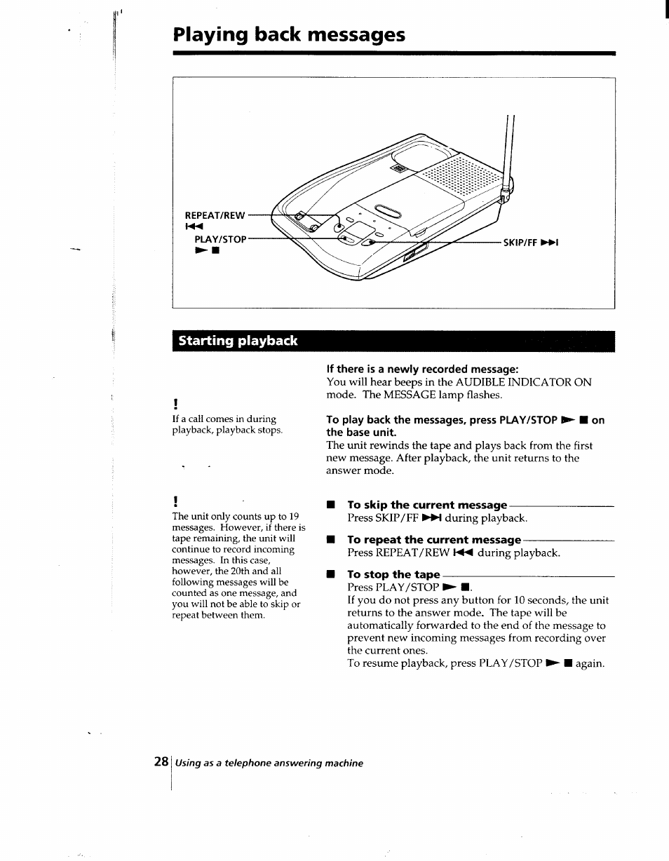 Playing back messages, Starting playback | Sony SPP-AQ25 User Manual | Page 28 / 88