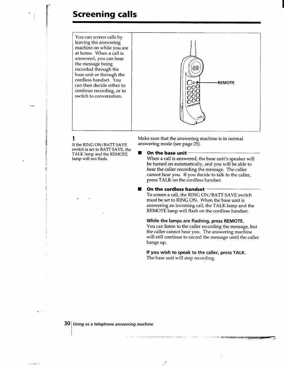 Screening calls, While the lamps are flashing, press remote, If you wish to speak to the caller, press talk | Sony SPP-AQ25 User Manual | Page 30 / 88