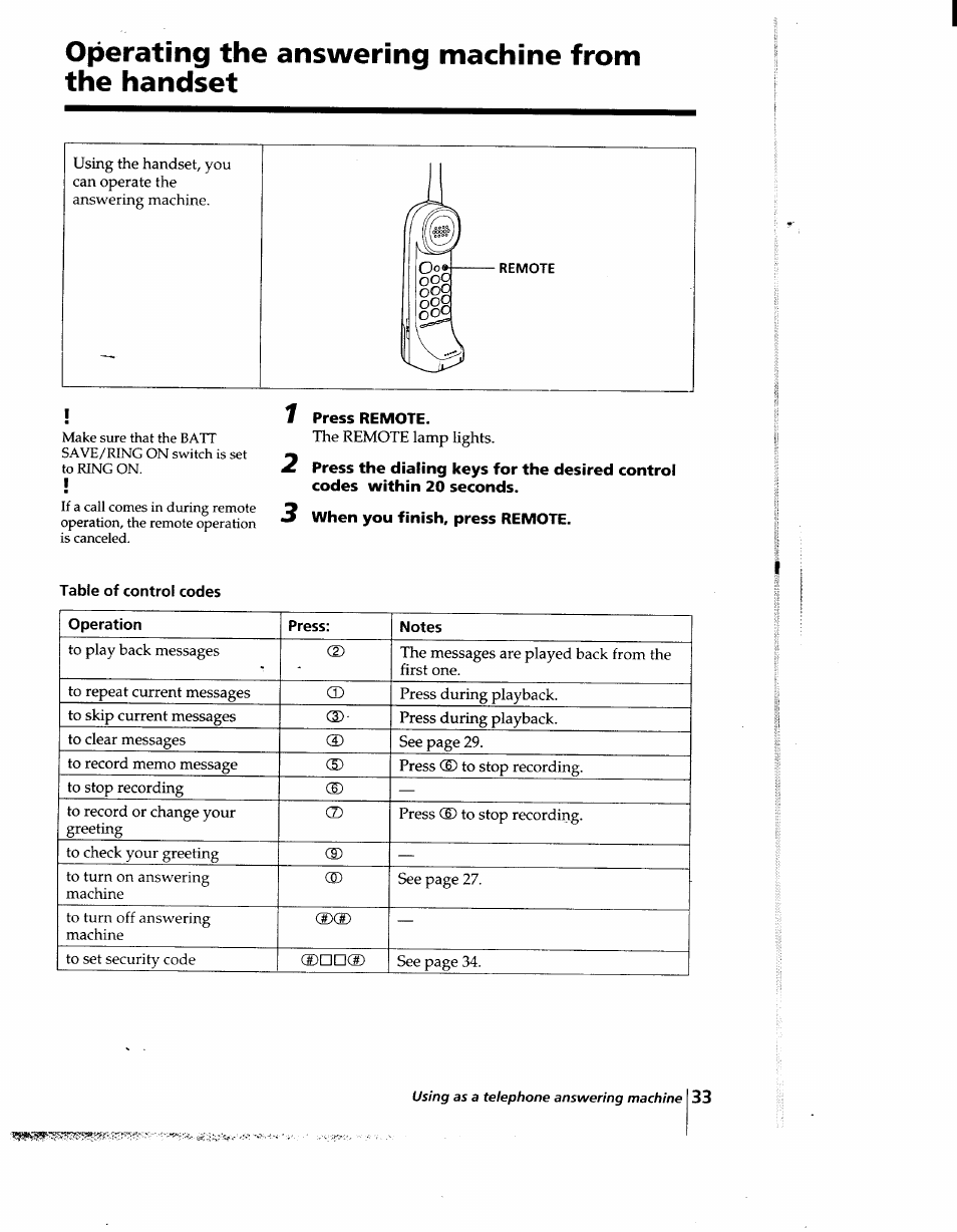 Operating the answering machine from the handset | Sony SPP-AQ25 User Manual | Page 33 / 88