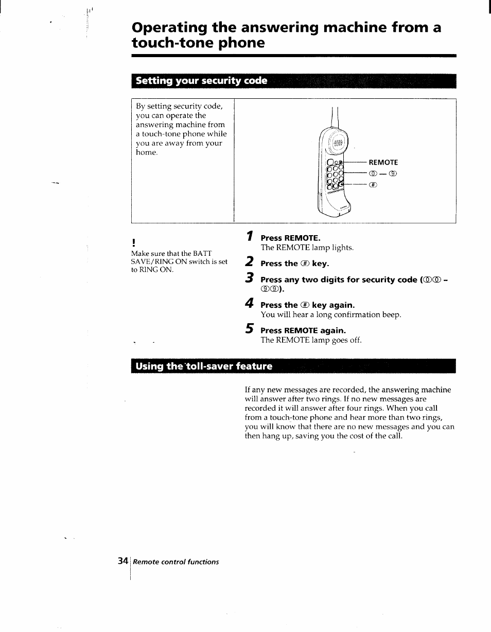 Press remote, Press the d) key, Press any two digits for security code (qd | 4 press the (d key again, 5 press remote again | Sony SPP-AQ25 User Manual | Page 34 / 88