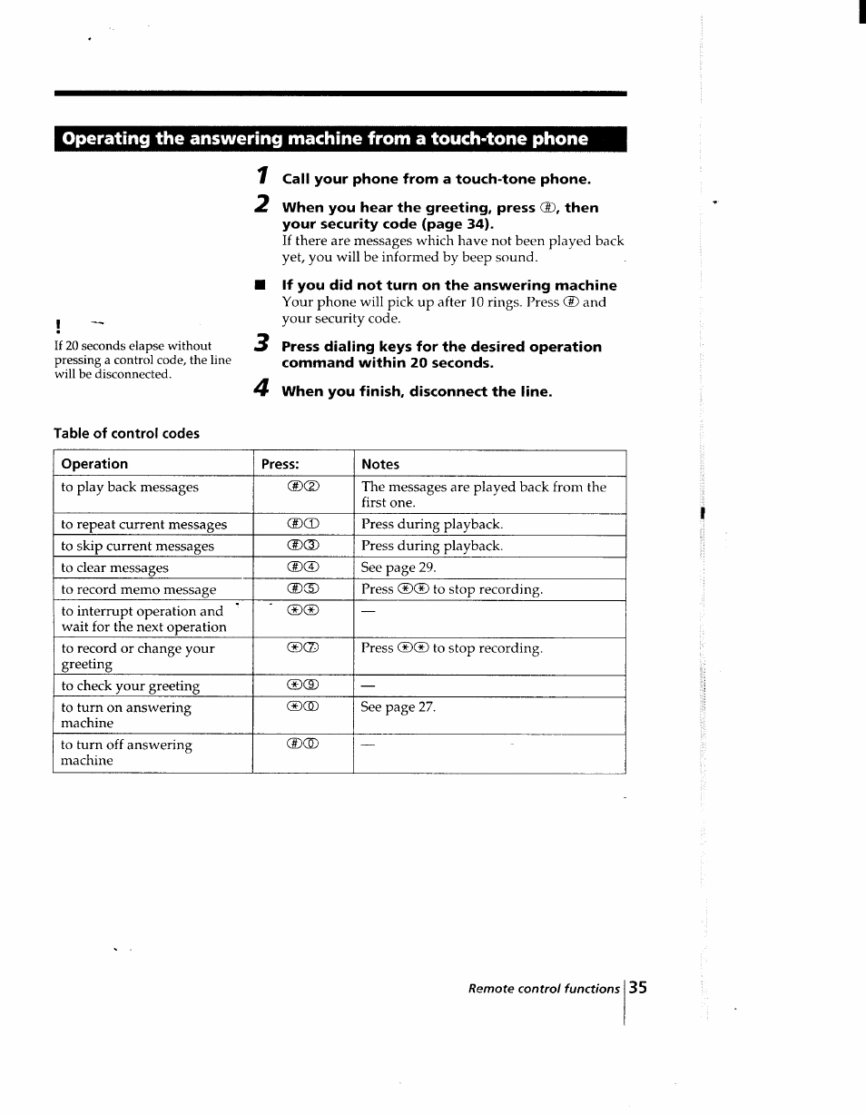 1 call your phone from a touch-tone phone, If you did not turn on the answering machine, 4 when you finish, disconnect the line | Sony SPP-AQ25 User Manual | Page 35 / 88