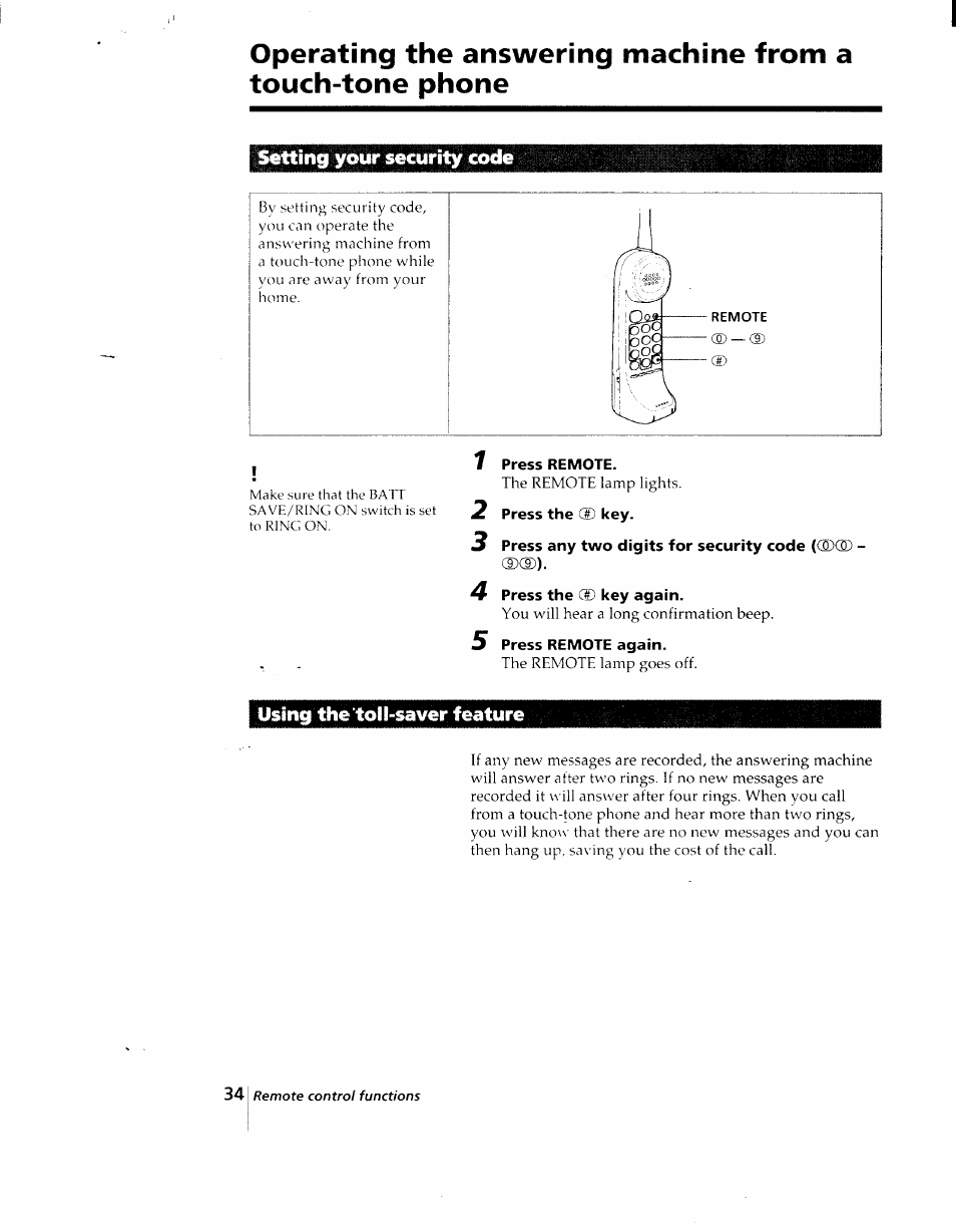 Setting your security code, 7 press remote, 2 press the (s) key | 3 press any two digits for security code (cq)® ®®), 4 press the ® key again, 5 press remote again, Using the toll-saver feature | Sony SPP-AQ25 User Manual | Page 38 / 88