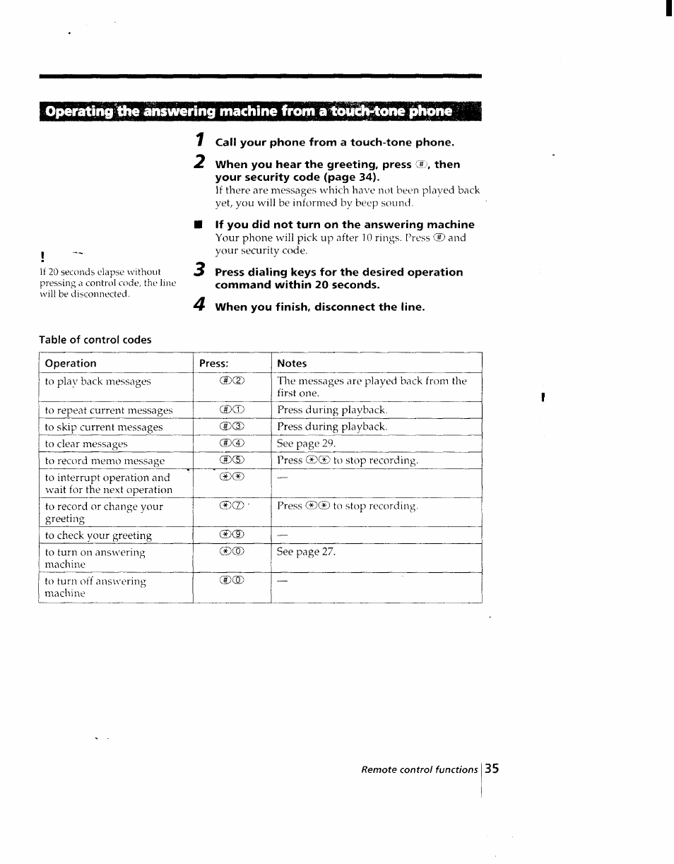 1 call your phone from a touch-tone phone, If you did not turn on the answering machine, 4 when you finish, disconnect the line | Sony SPP-AQ25 User Manual | Page 39 / 88