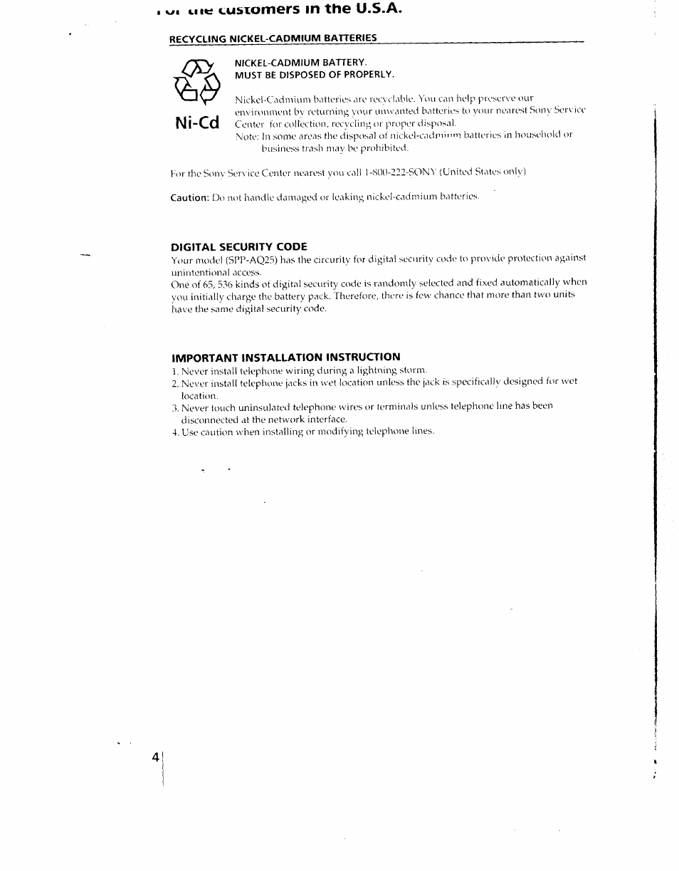 1 (.11«; cusiomers m the u.s.a, Digital security code, Important installation instruction | Ni-cd | Sony SPP-AQ25 User Manual | Page 4 / 88