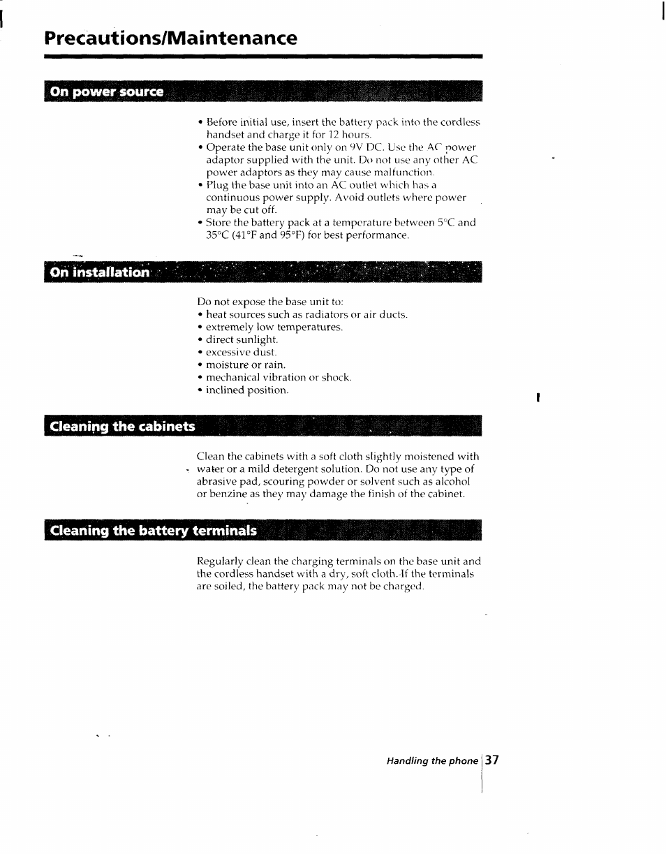 Precautions/maintenance, On power source, On ïnstariatîoh | Cleaning the cabinets, Cleaning the battery terminals | Sony SPP-AQ25 User Manual | Page 41 / 88