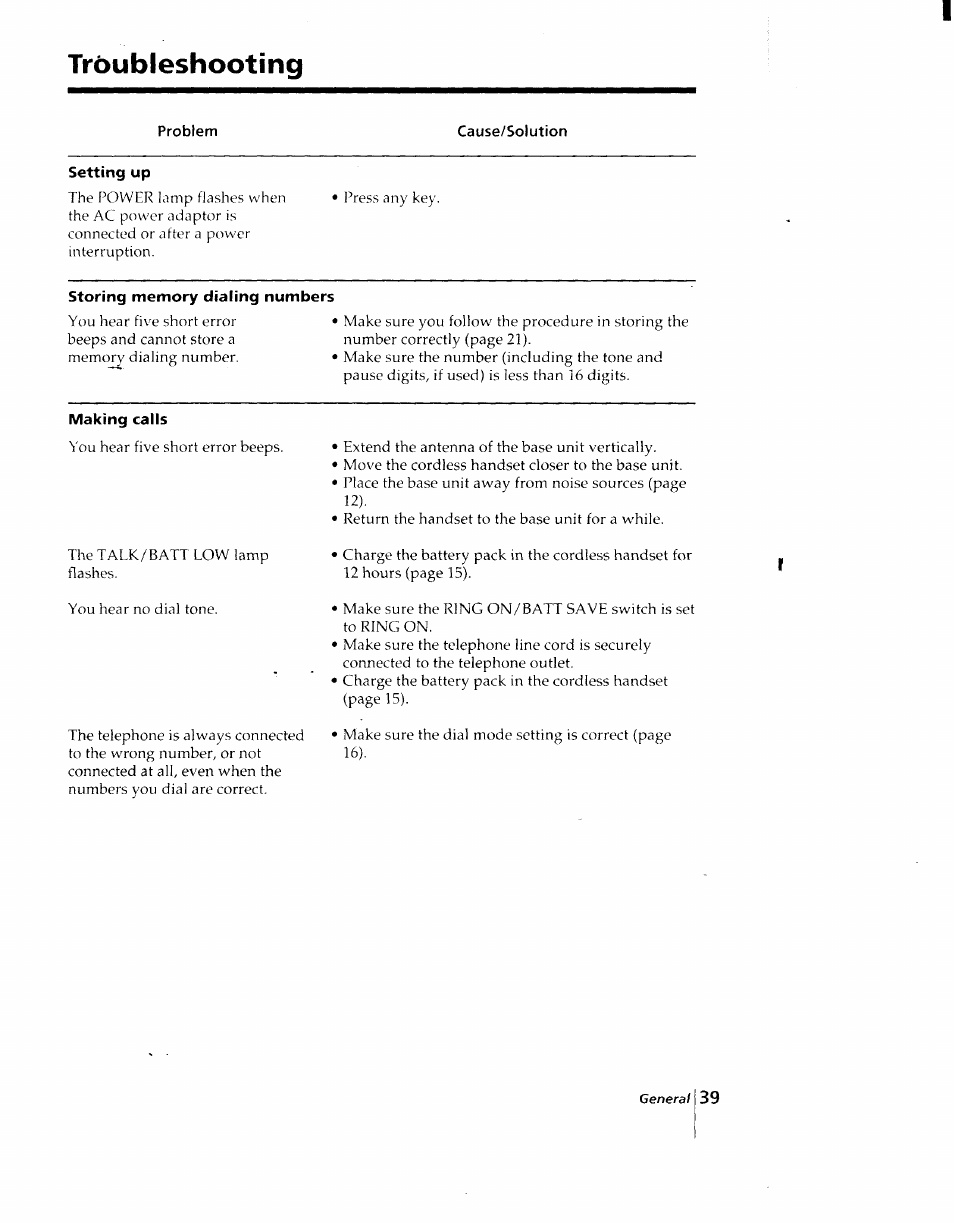 Troubleshooting, Setting up, Storing memory dialing numbers | Making calls | Sony SPP-AQ25 User Manual | Page 43 / 88