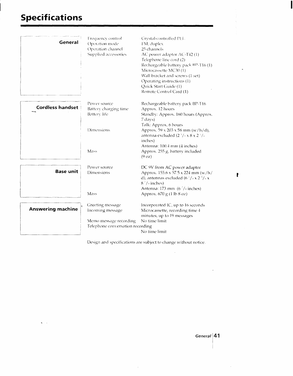 Specifications, Cordless handset | Sony SPP-AQ25 User Manual | Page 45 / 88