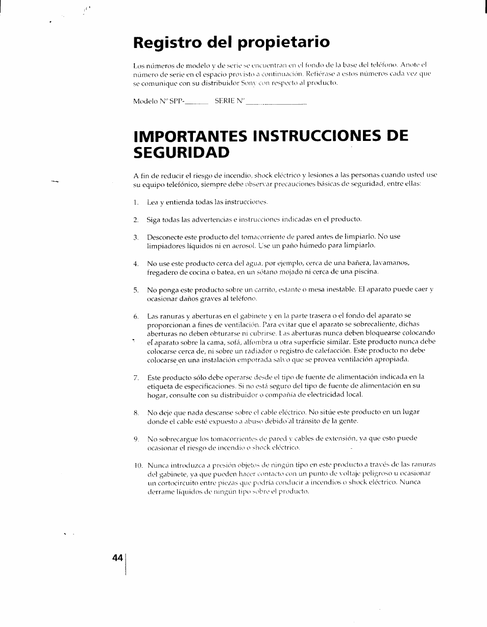 Registro del propietario, Importantes instrucciones de seguridad | Sony SPP-AQ25 User Manual | Page 47 / 88