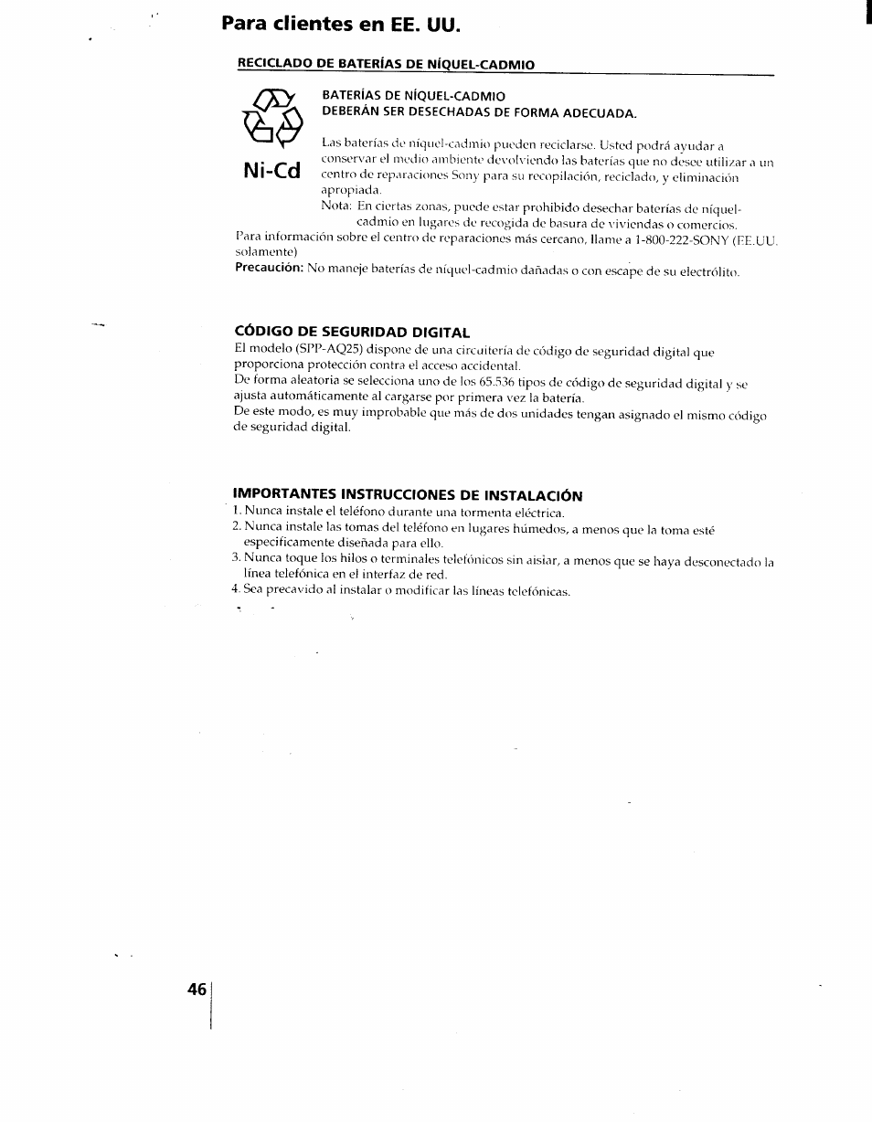 Para clientes en ee. uu, Código de seguridad digital, Importantes instrucciones de instalación | Ni-cd | Sony SPP-AQ25 User Manual | Page 49 / 88