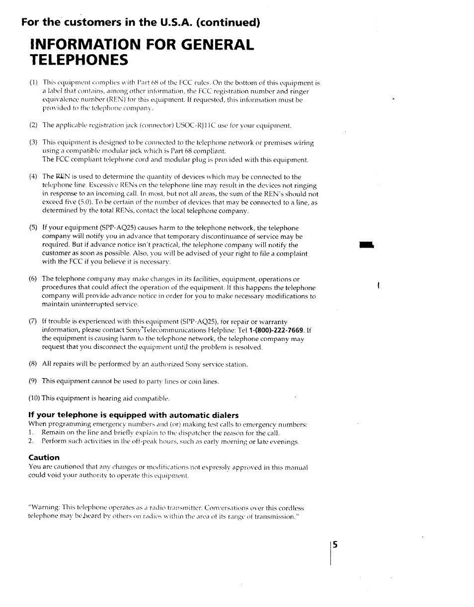 Caution, Information for general telephones, For the customers in the u.s.a. (continued) | Sony SPP-AQ25 User Manual | Page 5 / 88