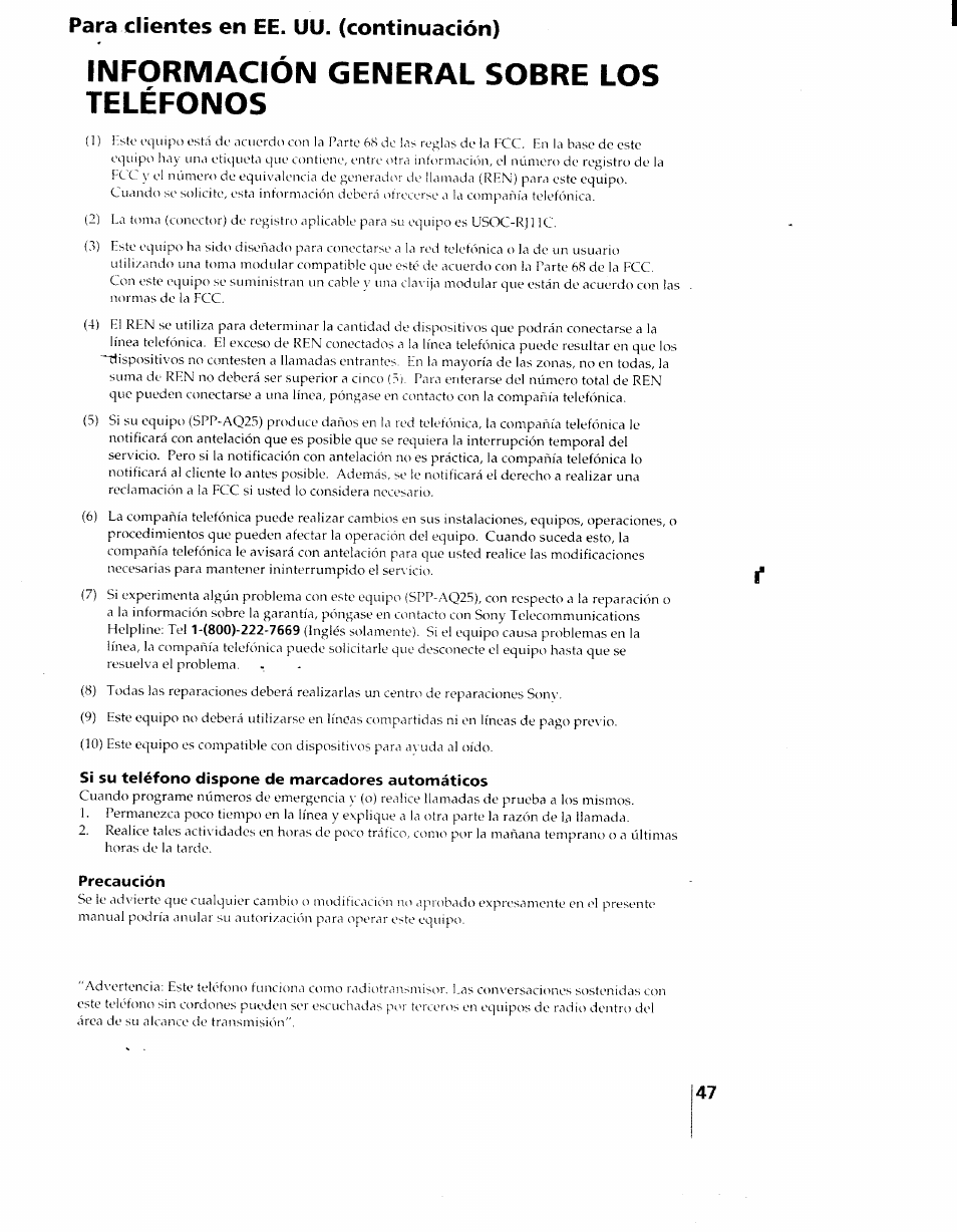 Para clientes en ee. uu. (continuación), Si su teléfono dispone de marcadores automáticos, Precaución | Información general sobre los teléfonos | Sony SPP-AQ25 User Manual | Page 50 / 88