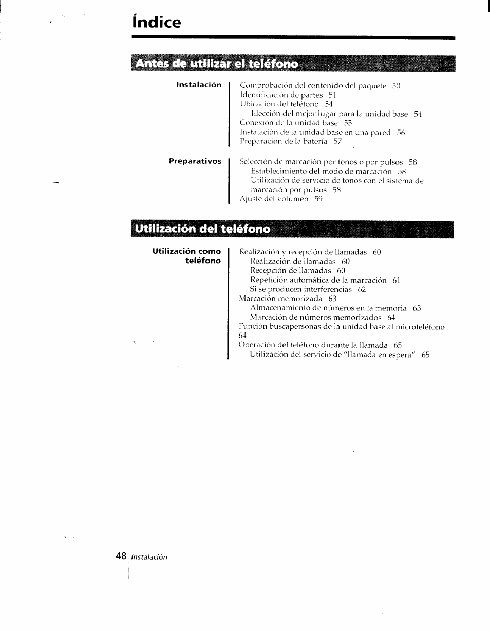 Instalación, Preparativos, Utilización como teléfono | Índice, Antes de utilizar el teléfono, Utilización del teléfono | Sony SPP-AQ25 User Manual | Page 51 / 88