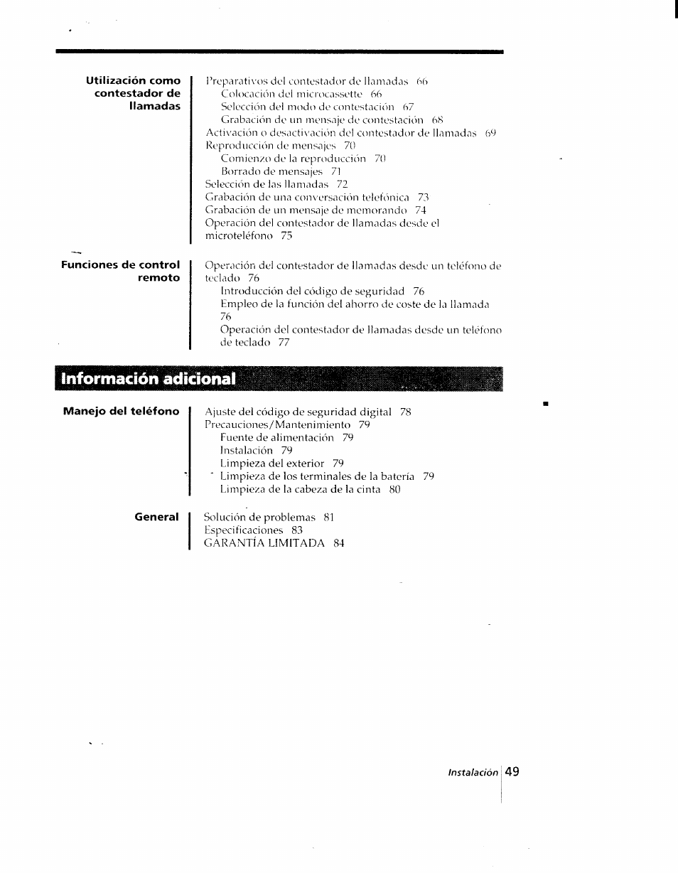 Utilización como contestador de llamadas, Funciones de control remoto, Manejo del teléfono | General, Información adicional | Sony SPP-AQ25 User Manual | Page 52 / 88