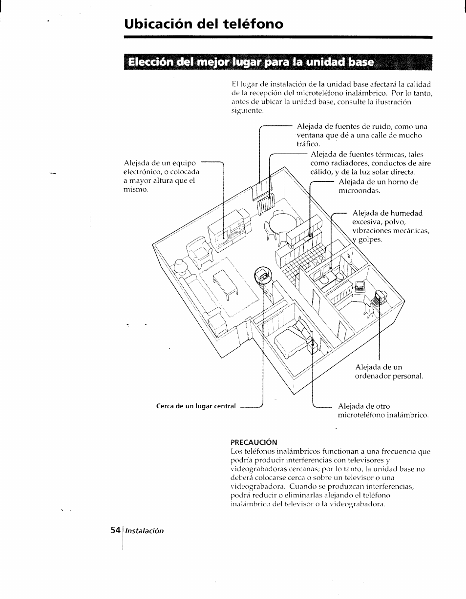 Ubicación del teléfono, Elección del mejor lugar para la unidad base | Sony SPP-AQ25 User Manual | Page 57 / 88