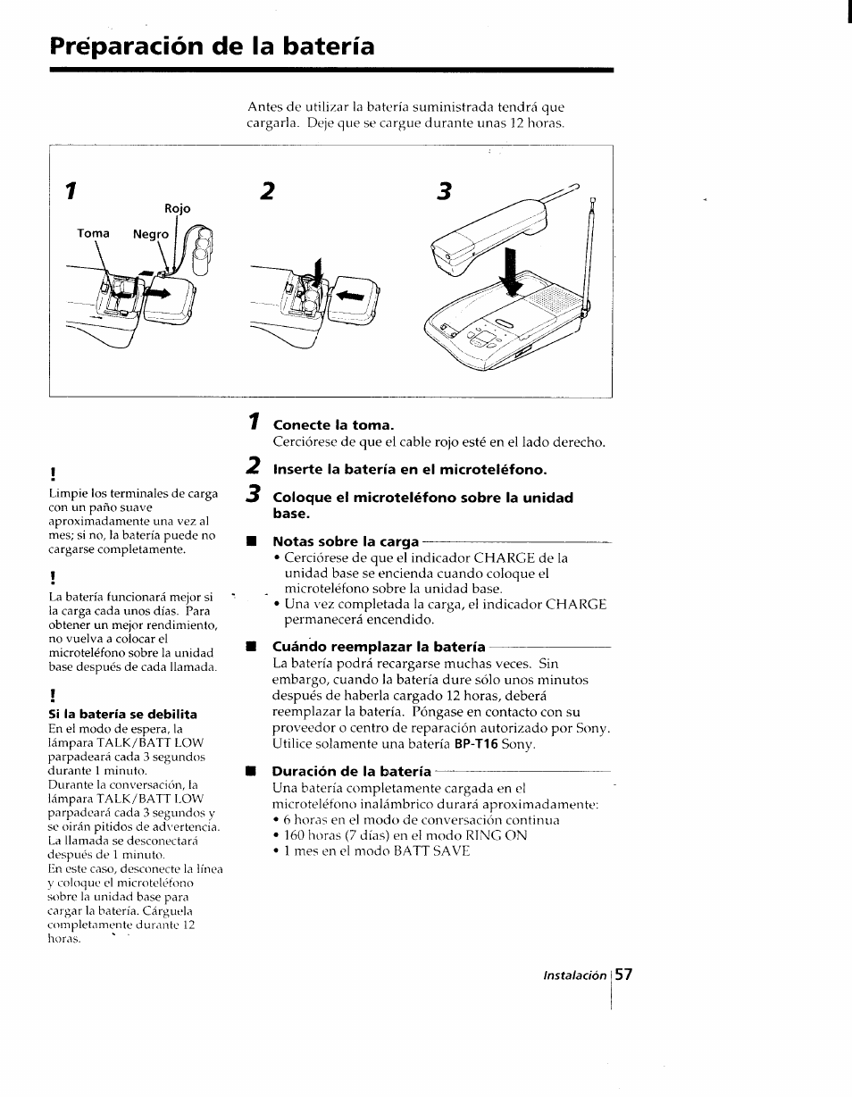 Preparación de la batería, 7 conecte ia toma, 2 inserte la batería en el microteléfono | 3 coloque el microteléfono sobre la unidad, Base, Notas sobre la carga, Cuándo reemplazar la batería, Duración de la batería | Sony SPP-AQ25 User Manual | Page 60 / 88