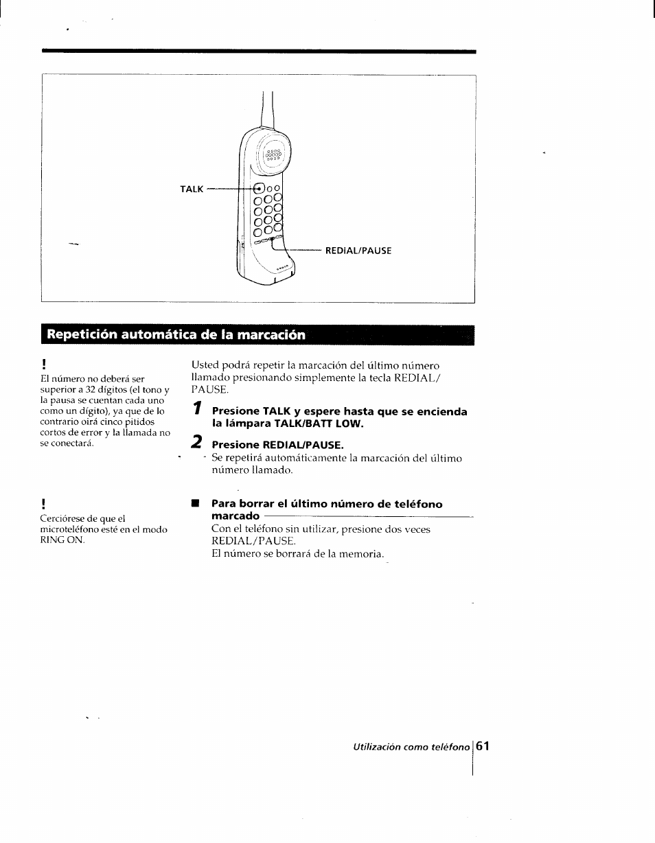 Repetición automática de la marcación, 2 presione redial/pause, Para borrar el último número de teléfono marcado | Sony SPP-AQ25 User Manual | Page 64 / 88